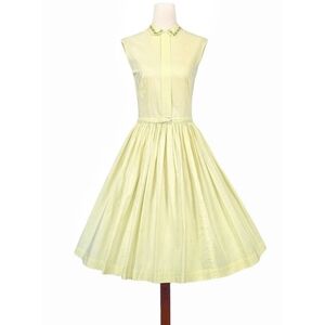 1950s Vintage Dress Belt Set 50s Summer Fit N Flare Cotton Yellow Embroidered XS